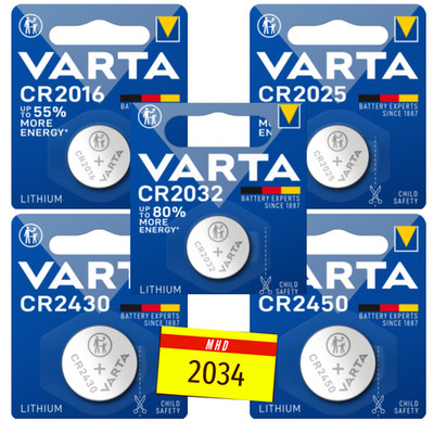 Varta Lithium Knopfzellen CR2016 CR2025 CR2032 CR2430 CR2450 Blister MHD 2034