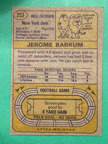 Tarjeta de fútbol americano de novato Jerome Barkum 1974 Topps #253 - receptor ancho de los New York Jets - Imagen 2 de 2