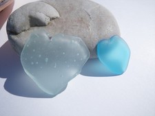 Sea Glass, Two Heart Shapes Clear with Bubbles and Turquoise