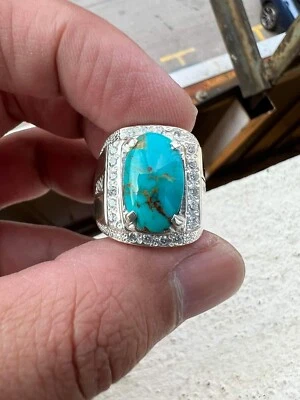 Pierre précieuse turquoise classique avec bague en argent sterling 925 pour h... - Photo 1/4