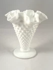 Fenton White Milk Glass Hobnail Fan Vase Ruffled Rim 5.5" tall