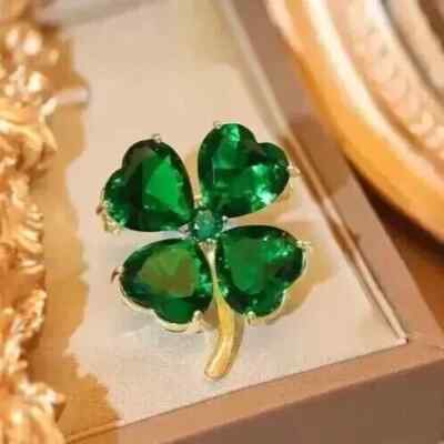 3Ct Heart Cut Lab Created Emerald Clover Shape Brooch Pin 14K Yellow Gold Plated