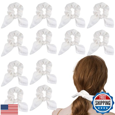 ACO-UINT 12 Pack Hair Scrunchies with Ribbon - White Satin Bow Ponytail Holde