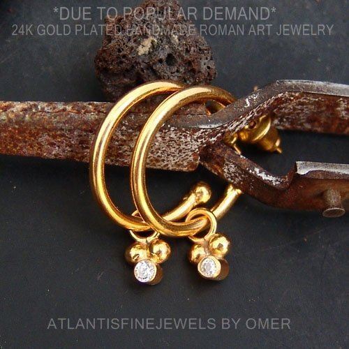Handmade 24k Gold Over Silver Hoop Earrings with Topaz Charm by Omer-image