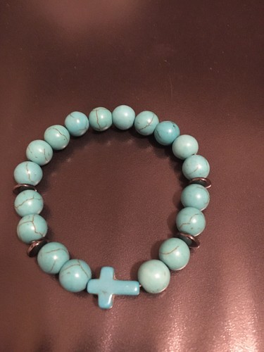 Mens 8” Turquoise Green Gemstone Howlite Beaded 10mm Stretch Bracelet Cross Gift - Picture 8 of 10