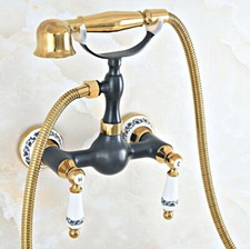 Double Handle Gold Black Bathroom Mixer Water Faucet Hand Shower Tap Set 2na429