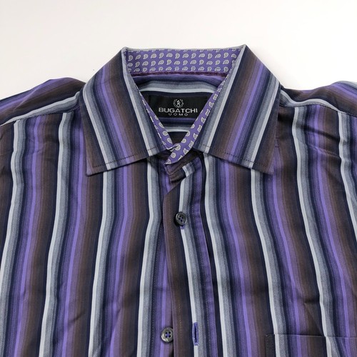 Bugatchi Uomo 16/35 Button Long Sleeve Striped Dress Shirt Purple PLS READ