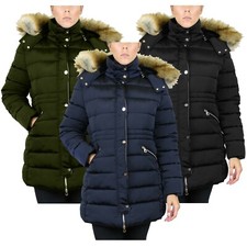 Womens Heavyweight Parka Jacket W/ Detachable Fleece-Lined Fur Hood Full Zip NEW