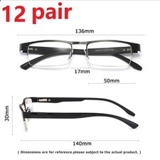 12 Pairs Black Mens Rectangular Half Frame Reading Glasses Spring Hinge Readers