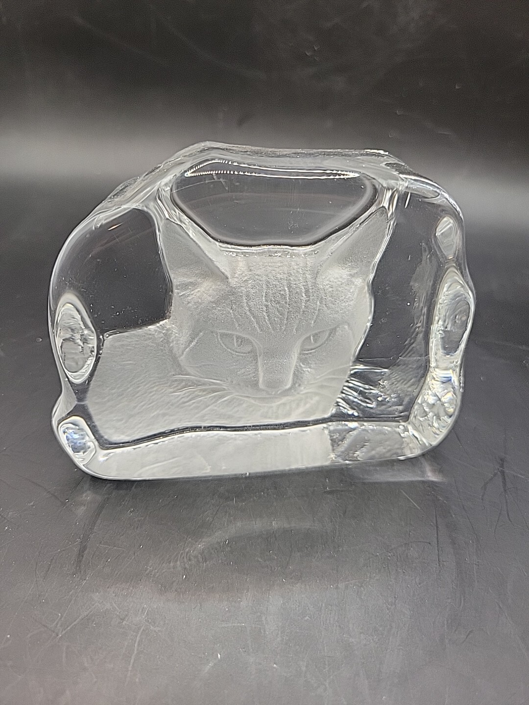 Cristal d'Arques Lead Crystal CAT Art Glass Paperweight Reverse Etched France