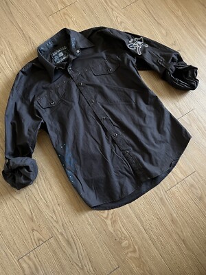MENS DO DENIM STUDDED SNAP BUTTON UP SHIRT L