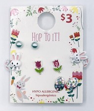 4 Pairs Adorable Girls Easter Bunny "Hop to it " Stud Pierced Earring Set