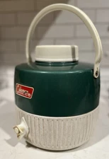 1970’s Coleman Water Jug, Green Metal & Plastic, One Gallon, Made In USA