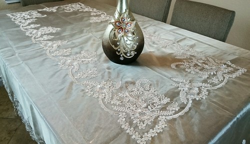 54x72" Handmade Beaded Pearl Sheer Embroidery Tablecloth Napkins Bridal Wedding - Picture 2 of 7