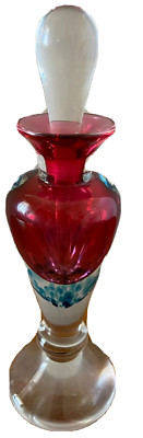 Vtg Red & Blue Glass Perfume Bottle w Original Stopper 8'' Vanity Decor Unique