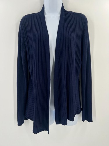 Eileen Fisher Women Size Medium Silk Cotton Navy Blue Ribbed Open Front Cardigan