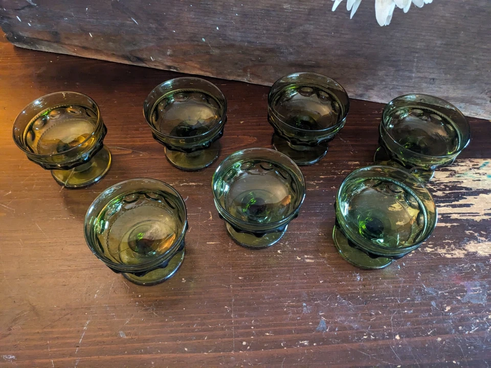 Gafas Sherbert pedestal con estampado de pulgar verde de vidrio Indiana vintage (7) Foto 3 de 4