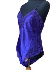 Delicates Teddy Blue Satin Lace Trim Deep V-Neck Bodysuit Lingerie S Vtg
