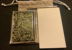 Metal Black Flip Notepad Holder Set w/ Silver-Tone Pen, Blank Refills,