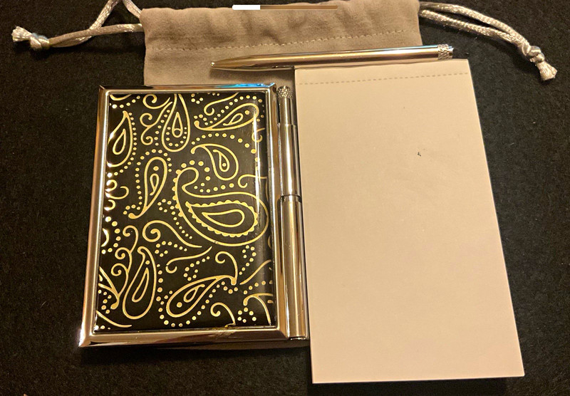 Metal Black Flip Notepad Holder Set w/ Silver-Tone Pen, Blank Refills,