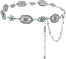 Western Turquoise Concho Chain Belts for Cowgirl, Metal Hollow Boho Floral