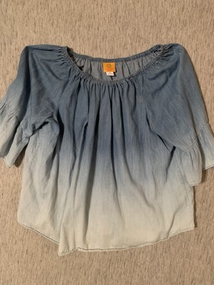 Ruby Rd.Shirt 1X Palm Leaves Blue White Aqua Corral 3/4 Sleeve