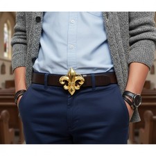 New Men Women Gold Metal Belt Buckle French Symbol Big Fleur De Lis Lily Flower
