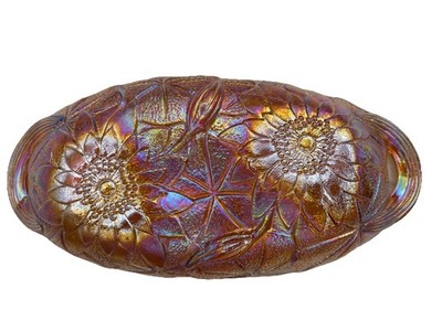 VTG Indiana Glass amber marigold carnival glass handled dish, Lily Pons pattern
