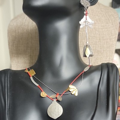 AYALA BAR Red Cord Silver Gold Tone Dragonfly  Necklace Adjustable Lobster