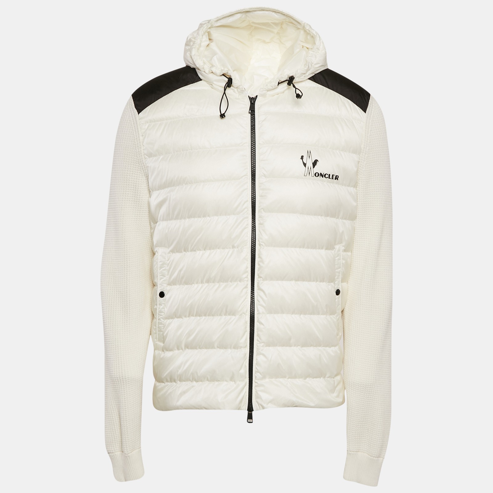 Moncler White Logo Print Cotton Knit Quilted Nylon Down Jacket