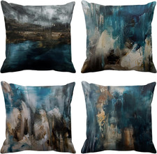 Set of 4 Throw Pillow Covers Modern Abstract Messy Teal Turquoise Black and Brow