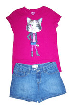 Old Navy Girl's Size XL 14 Short Sleeve T-Shirt  Jeans Shorts Adjustable Waist