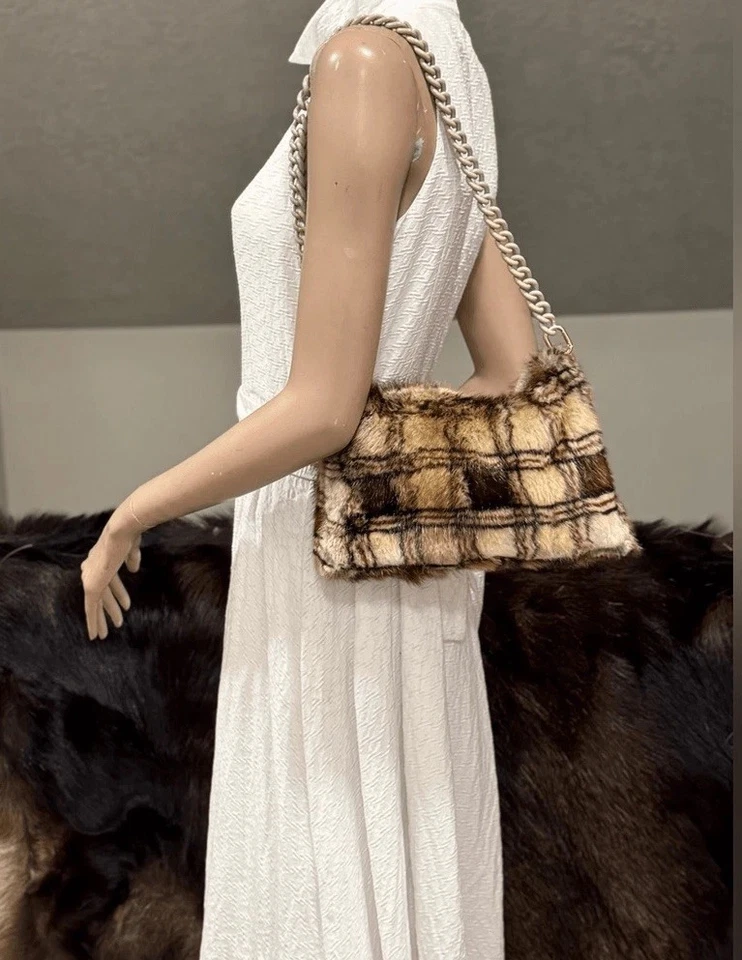 Клетчатый принт реальный ондатры меха ручной работы громоздкая сумка, наплечная сумка, через плечо - Изображение 3 из 4