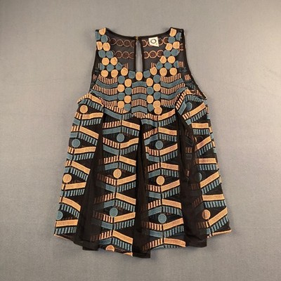 Anthropologie Akemi + Kin Geometric Embroidered Mesh Tank Black Small OB415586