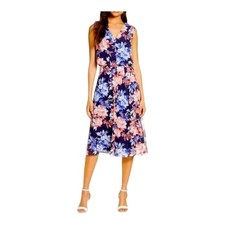 Donna Ricco New York Navy Blue Pink Floral V-Neck Midi Dress Size 8 Feminine