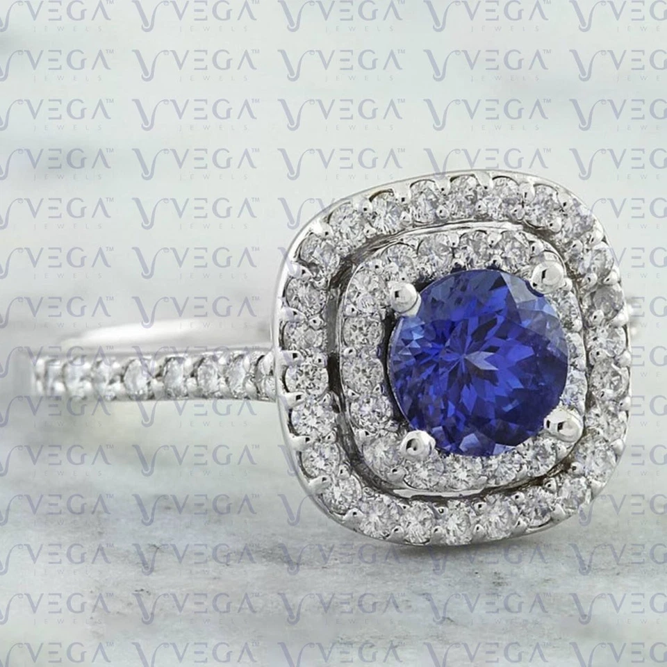 Anillo redondo de 4,50 quilates con doble halo de diamantes de tanzanita natural enchapado en platino 950PT Foto 2 de 4