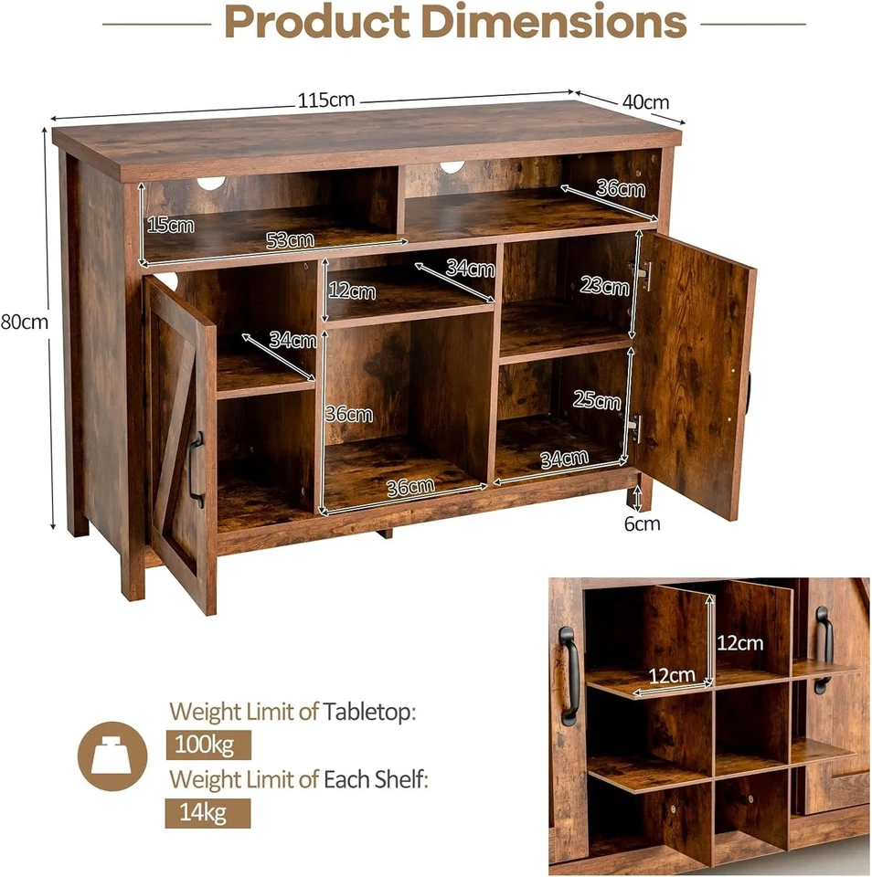 Rustic Buffet Sideboard Drinks Cabinet with 9-Bottle Wine Rack & Adjustable - Image 3 of 4