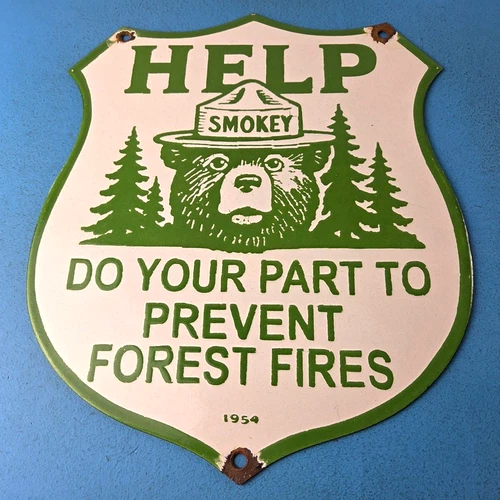 Vintage Forest Service Sign - Smokey Bear HELP Prevent Gas Porcelain Sign