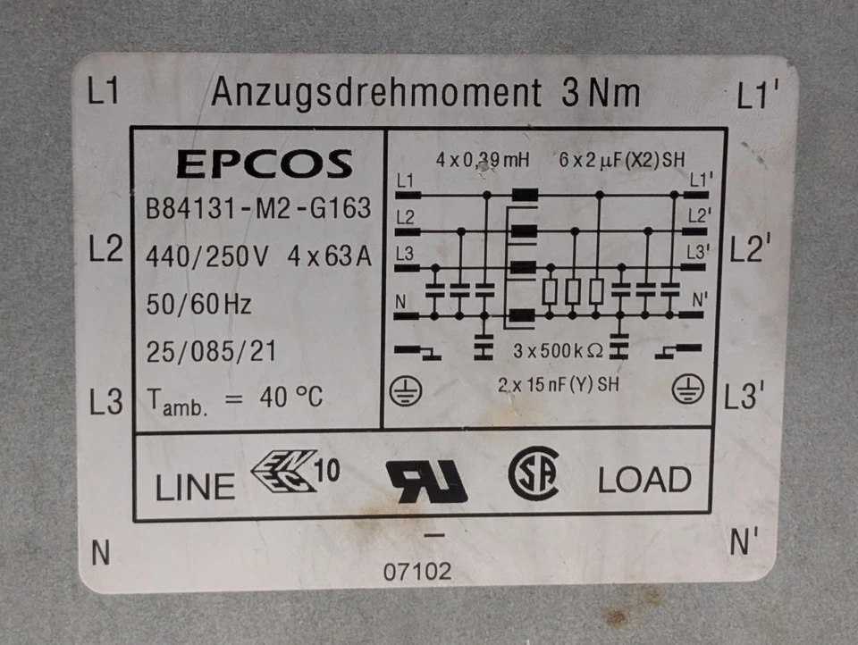 EPCOS B84131-M2-G163 power 4-line filter 63A, 440/250V, 50/60Hz, chassis mount - Image 3 of 4