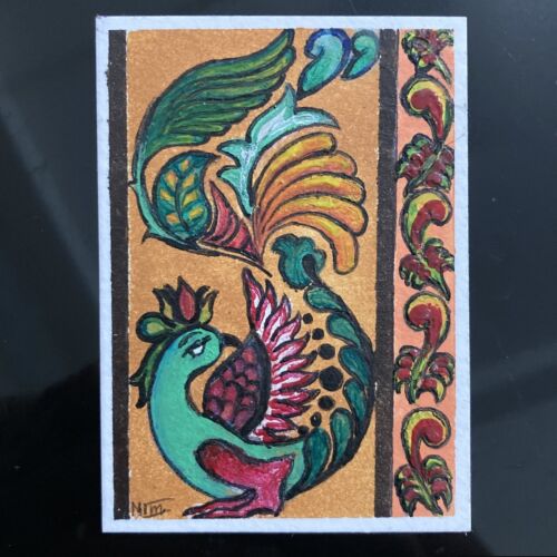 ACEO Original Contemporary Art Card Acrylic Painting Traditional Bird "Peacock" - Picture 1 of 4