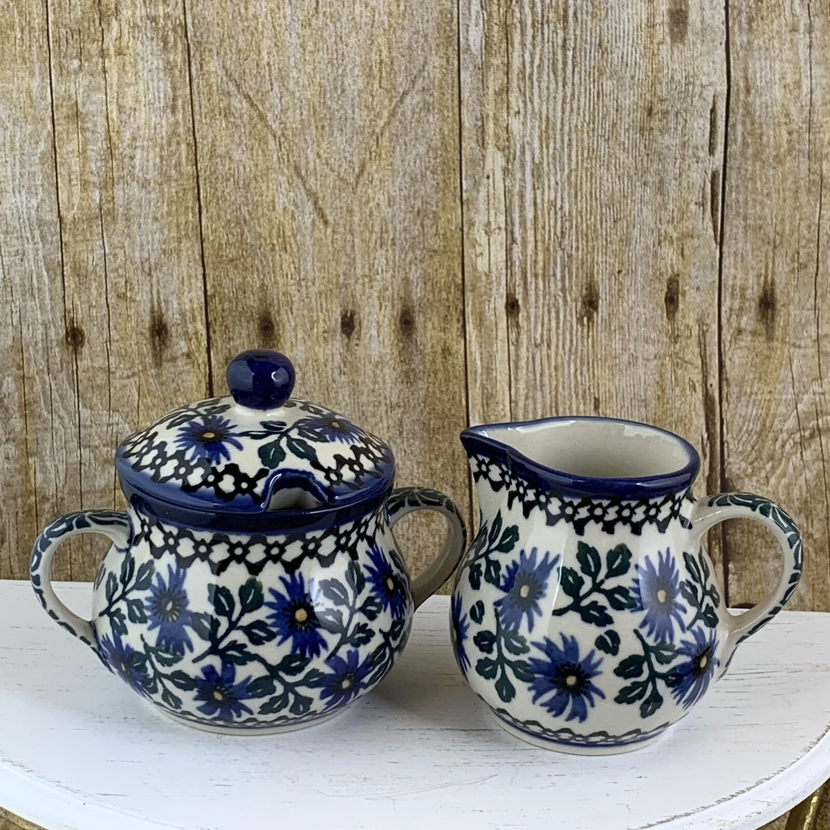 Sugar Creamer Set Poland 207 Periwinkle Blue Flowers Ceramika Artystyczna