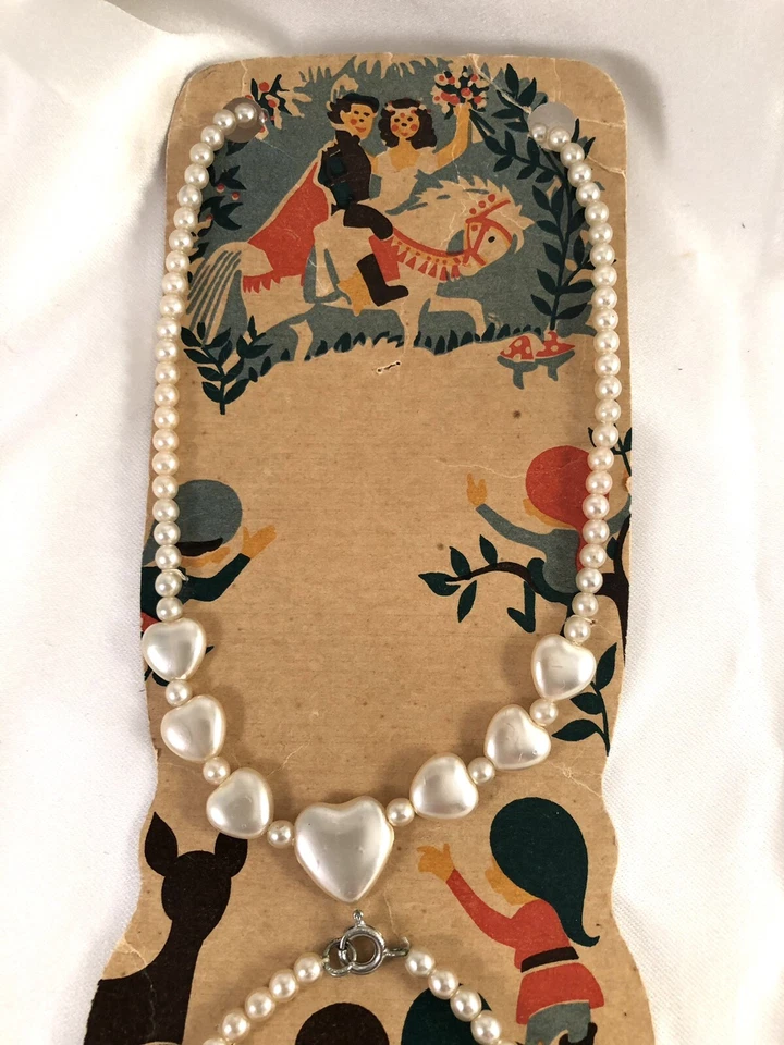 Collar Pulsera Vintage Niñas Plástico Perla Corazones Blancanieves Enanos Original Foto 2 de 4