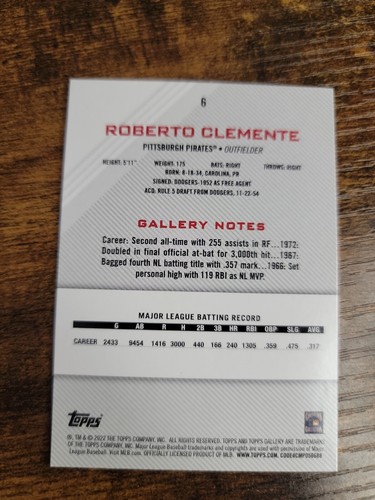 Roberto Clemente Topps Gallery 2022, #6 - Picture 2 of 2