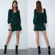 Zara green zebra print mini dress ruched puff sleeves women’s size S