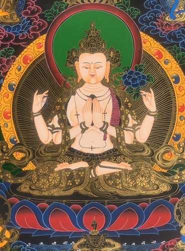ORIGINAL HAND-PAINTED AVALOKITESHVARA CHENREZIG MEDITATION THANGKA PAINTING - Picture 3 of 9