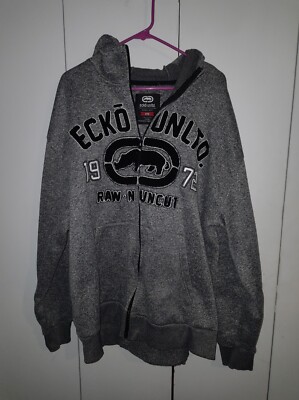 Hoodie  Ecko Unltd Full-Zip Mens 2XB Gray Embroidered Raw-N-Uncut