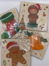Pinkiwine 4 pk Christmas Holiday Preschool Wooden Puzzles Stocking Bells