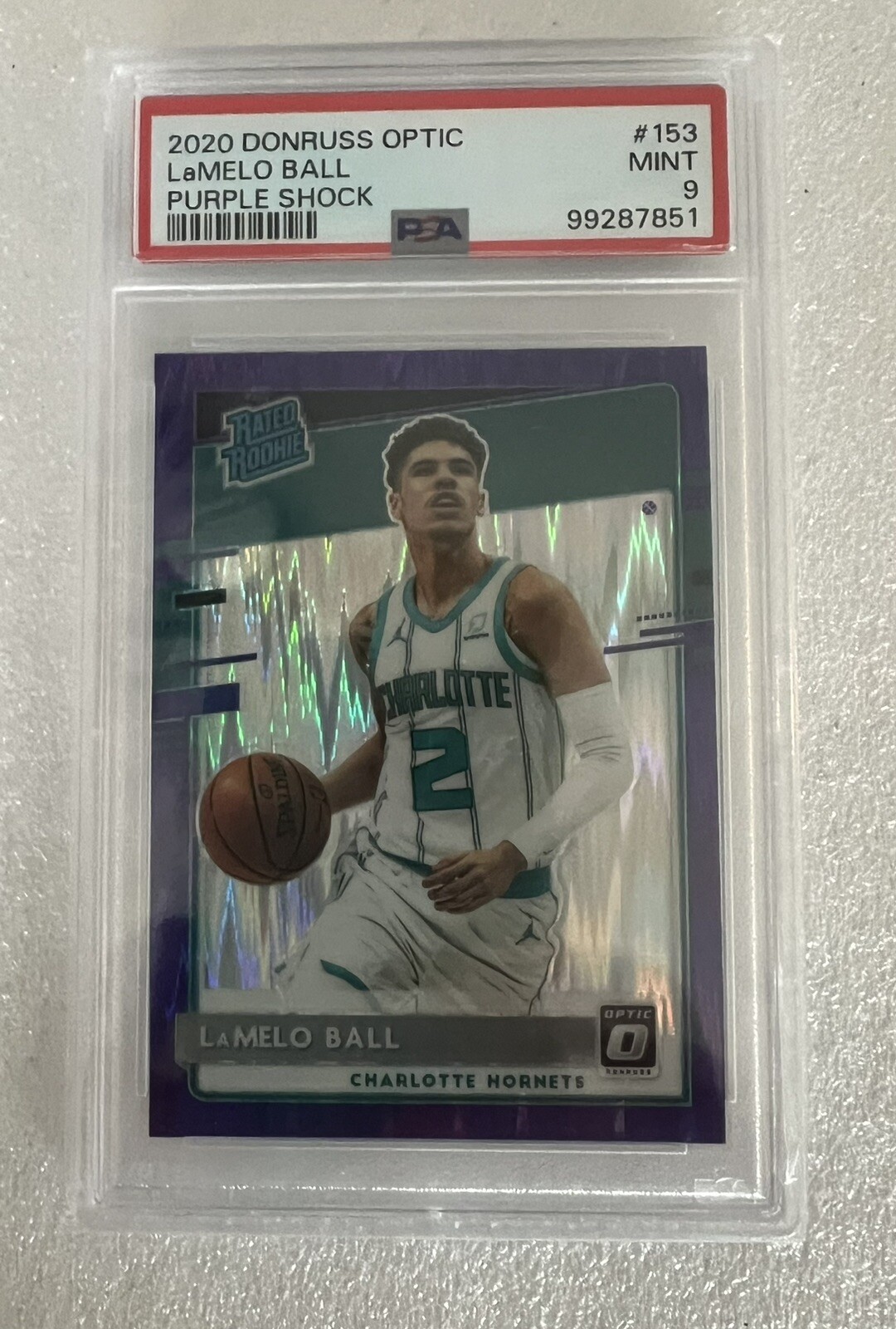 2020-21 Donruss Optic LaMelo Ball RC PURPLE SHOCK PRIZM PSA 9 MINT #153 (14)