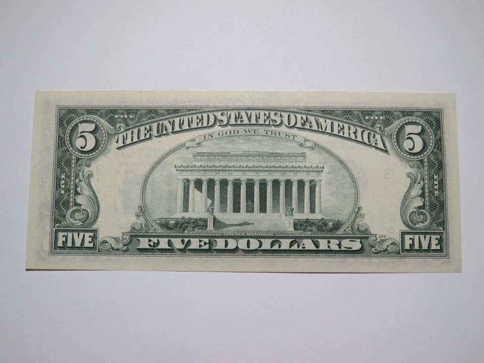 $5 1974 Large Ink Smears on Face Error Federal Reserve Bank Note Bill UNC++ - Image 2 of 2