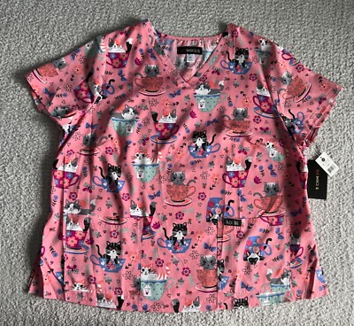 Koi Basics Scrub Top Women s Sz 2X Leslie Teacup Kitty Cat Pink Nursing Medical